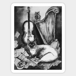 MUSICAL CAT AND OWL WITH MUSIC INSTRUMENTS In Black White Magnet